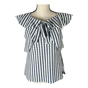 EUC Eva Franco Keely Striped Bow Back Ruffle Top Navy Blue & White Stripe Size S